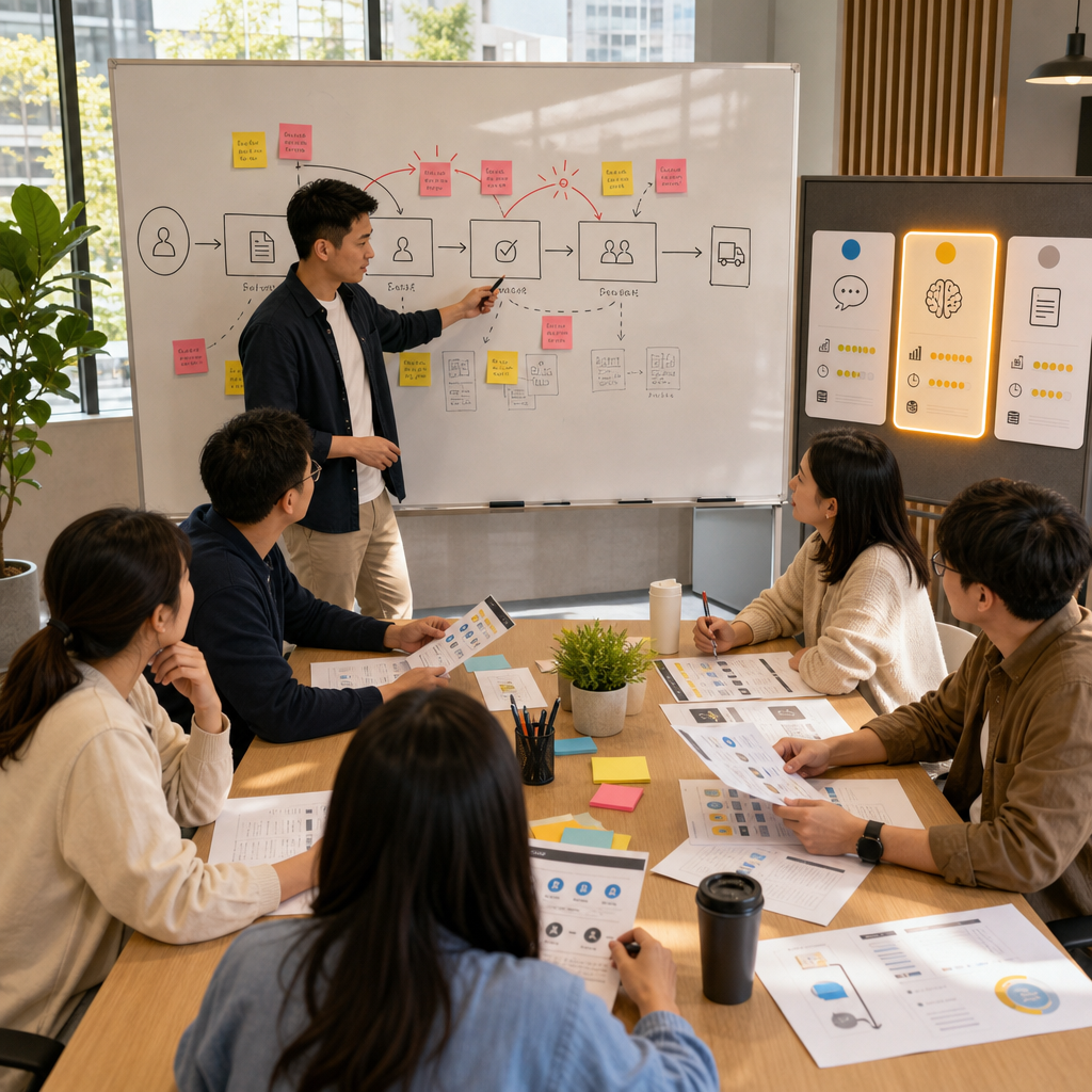 企業團隊在白板前討論人工智慧導入策略與流程痛點