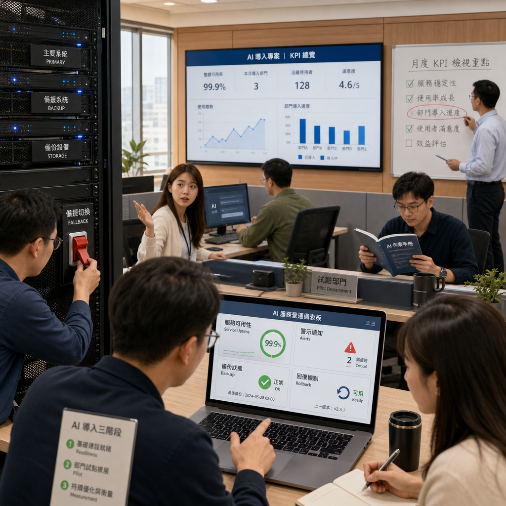 企業團隊檢視人工智慧系統儀表板與持續改善指標