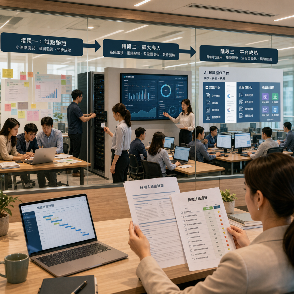 企業管理者檢視人工智慧專案路線圖與績效指標