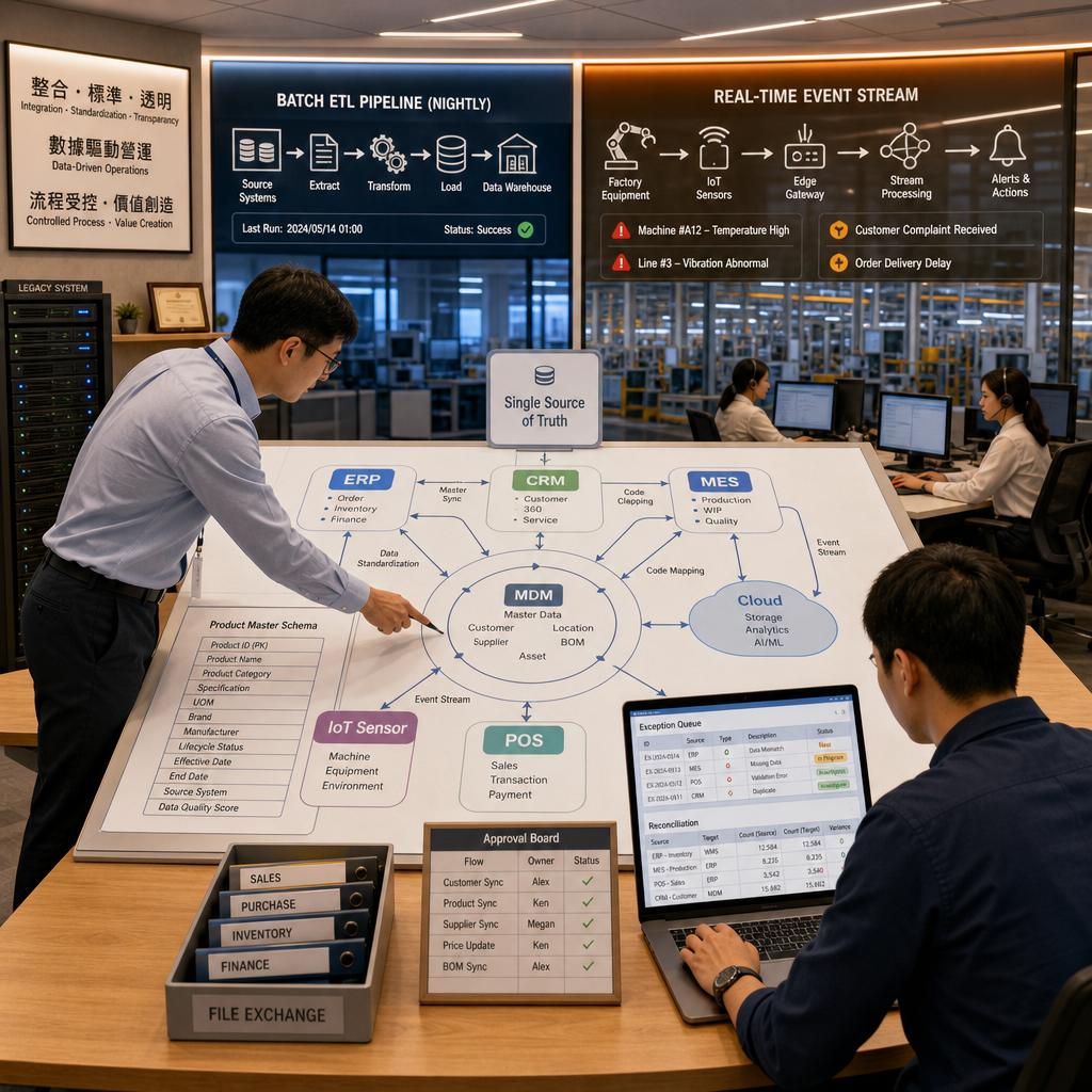 ERP CRM MES 與 AI 平台的資料串接示意圖