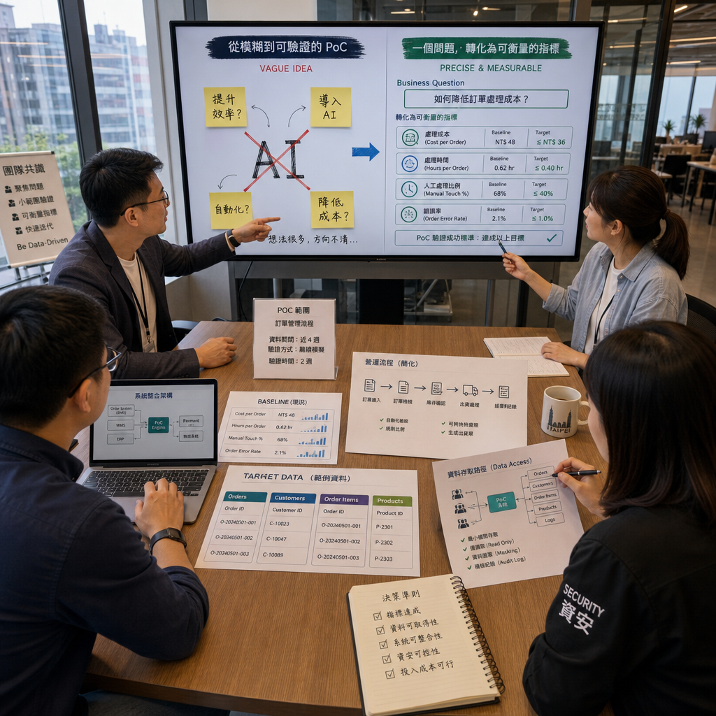 團隊在會議室檢視 AI PoC 原型與營運數據