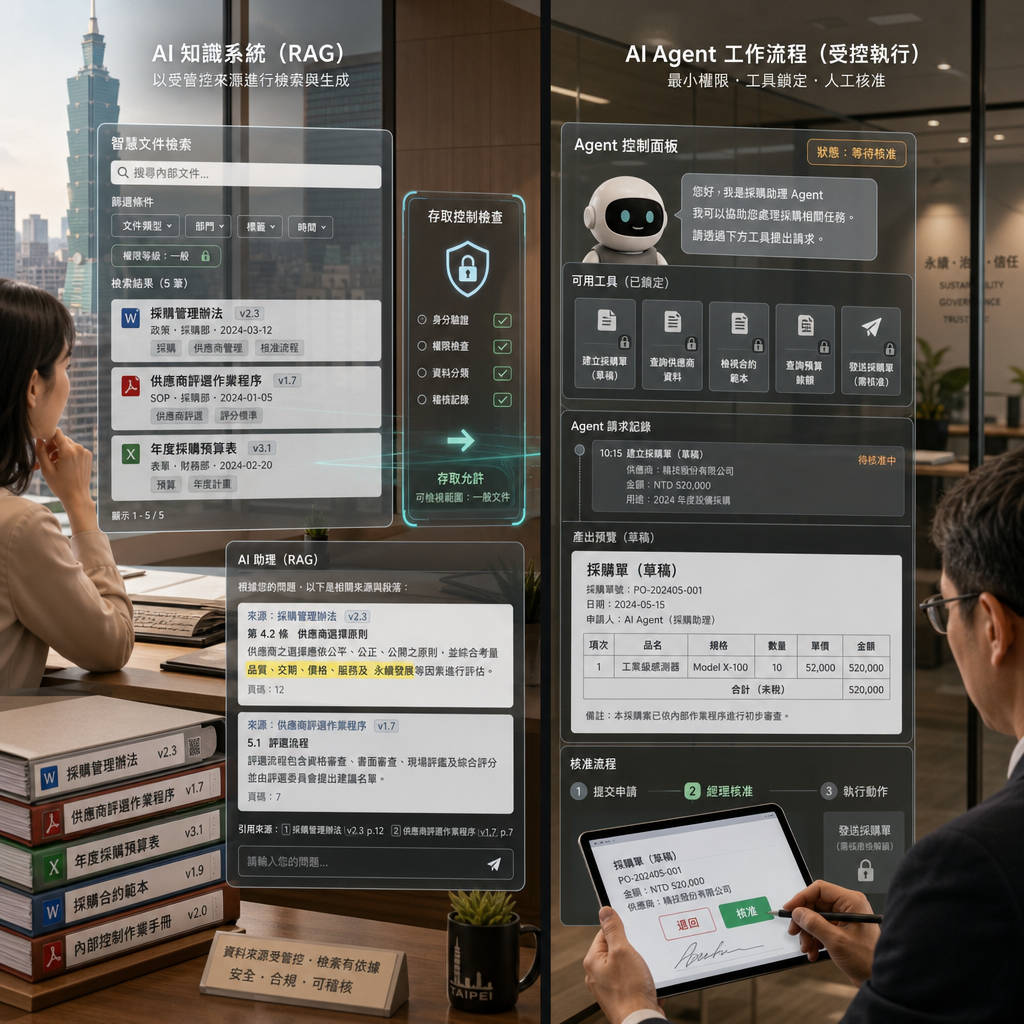 RAG、AI Agent 與企業資料系統整合架構圖