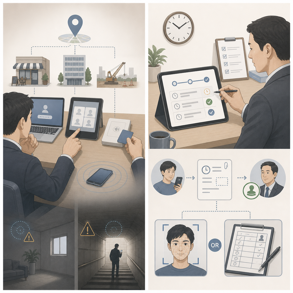 スマートフォンで出勤時刻を記録する従業員