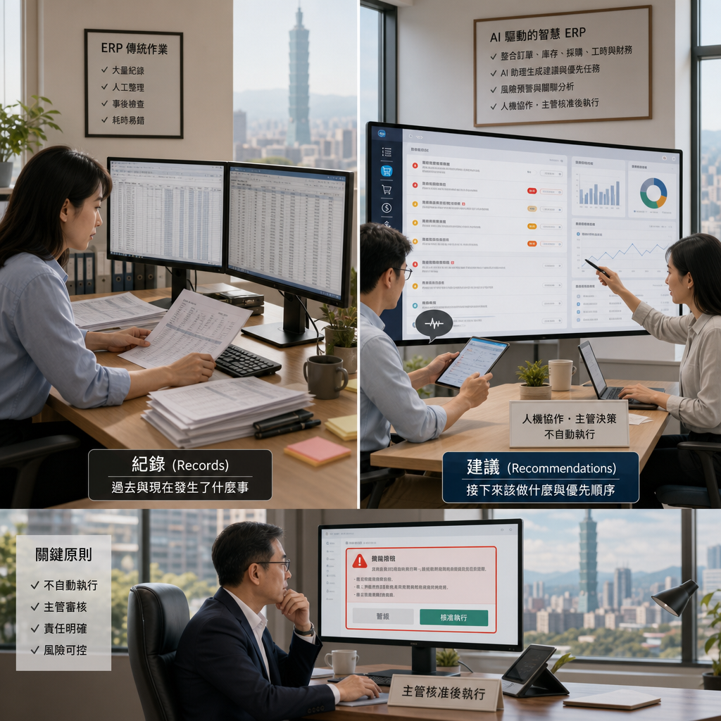 企業團隊檢視整合人工智慧的 ERP 營運儀表板