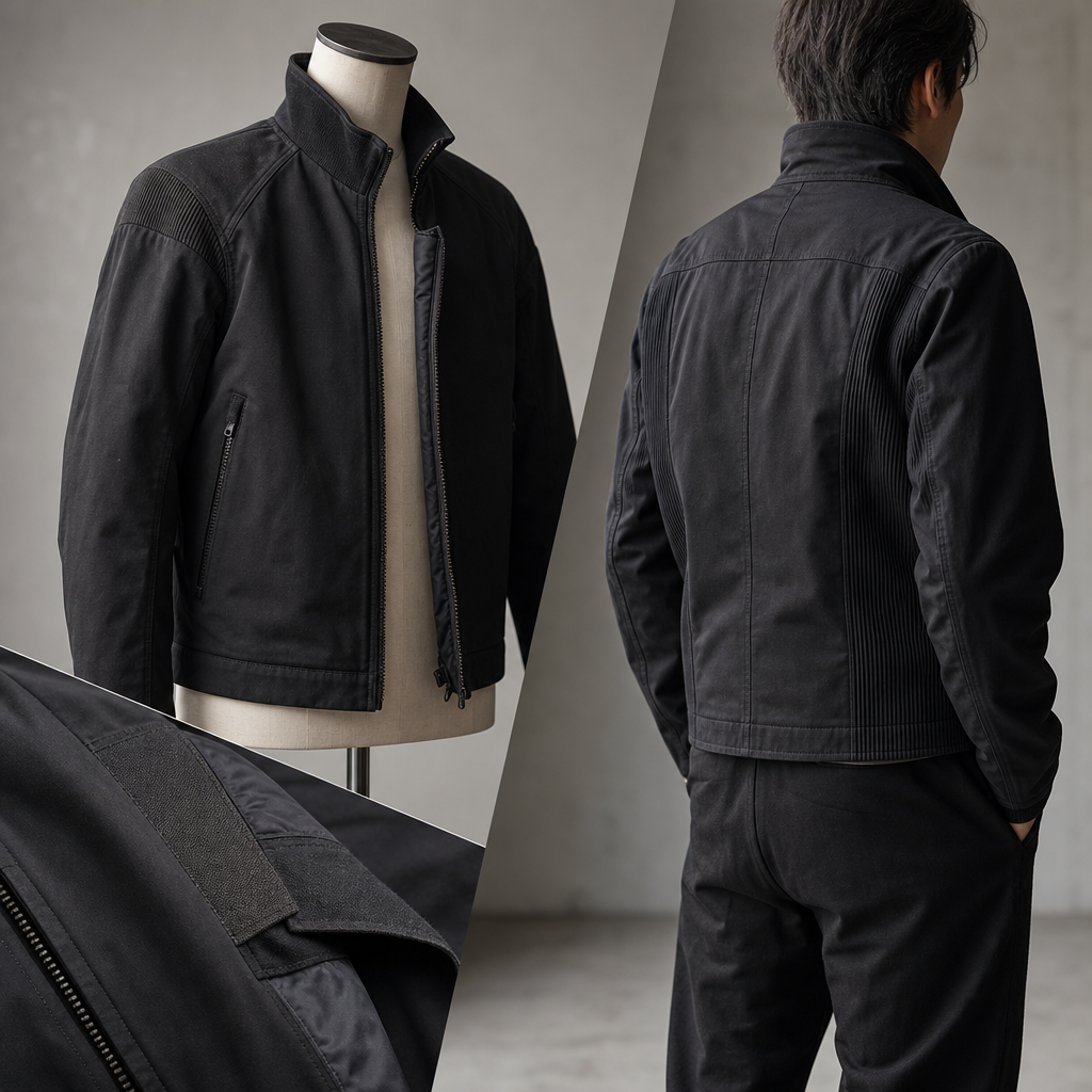 衣服のジッパーと縫製ディテールを確認する様子