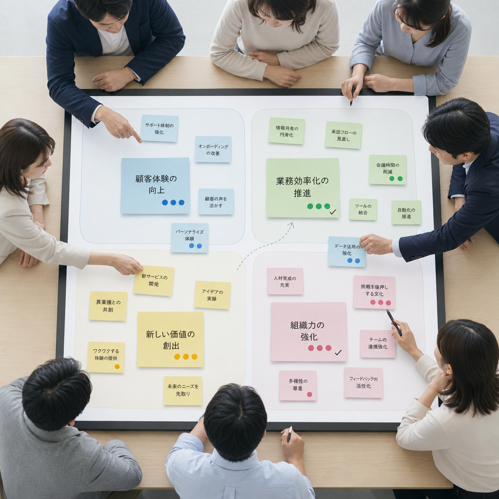 オンライン付箋を使ってアイデアを分類するチーム