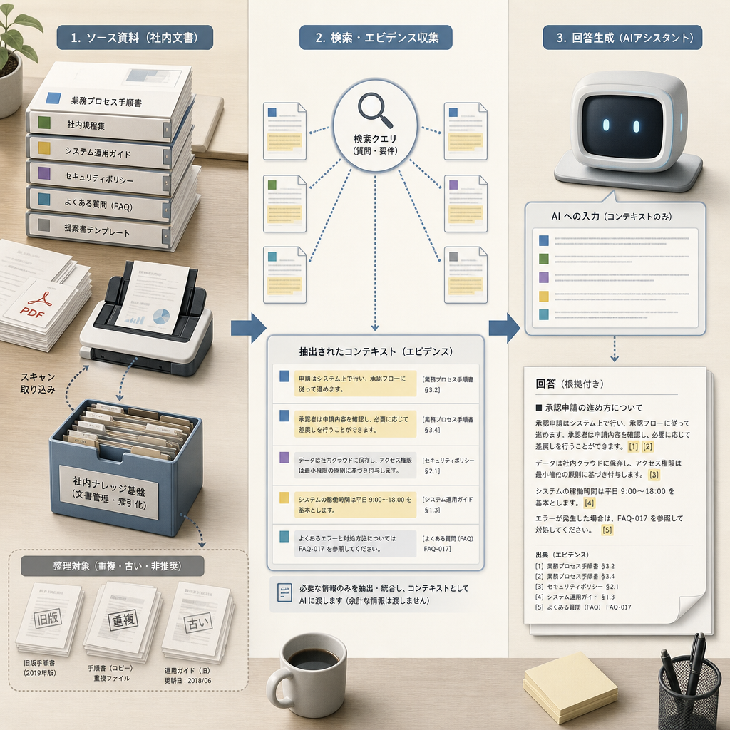 社内文書を検索して回答を生成するRAGの概念図