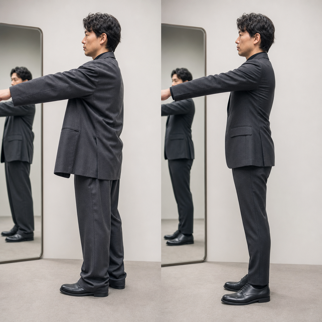 ジャケットとパンツのサイズを確認する男性