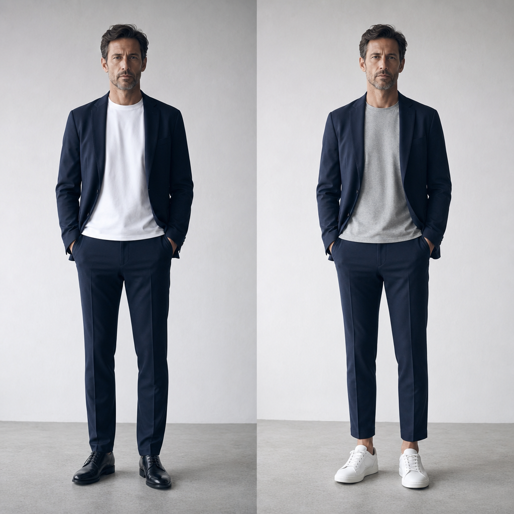 ブラックセットアップに白Tシャツとスニーカーを合わせた男性