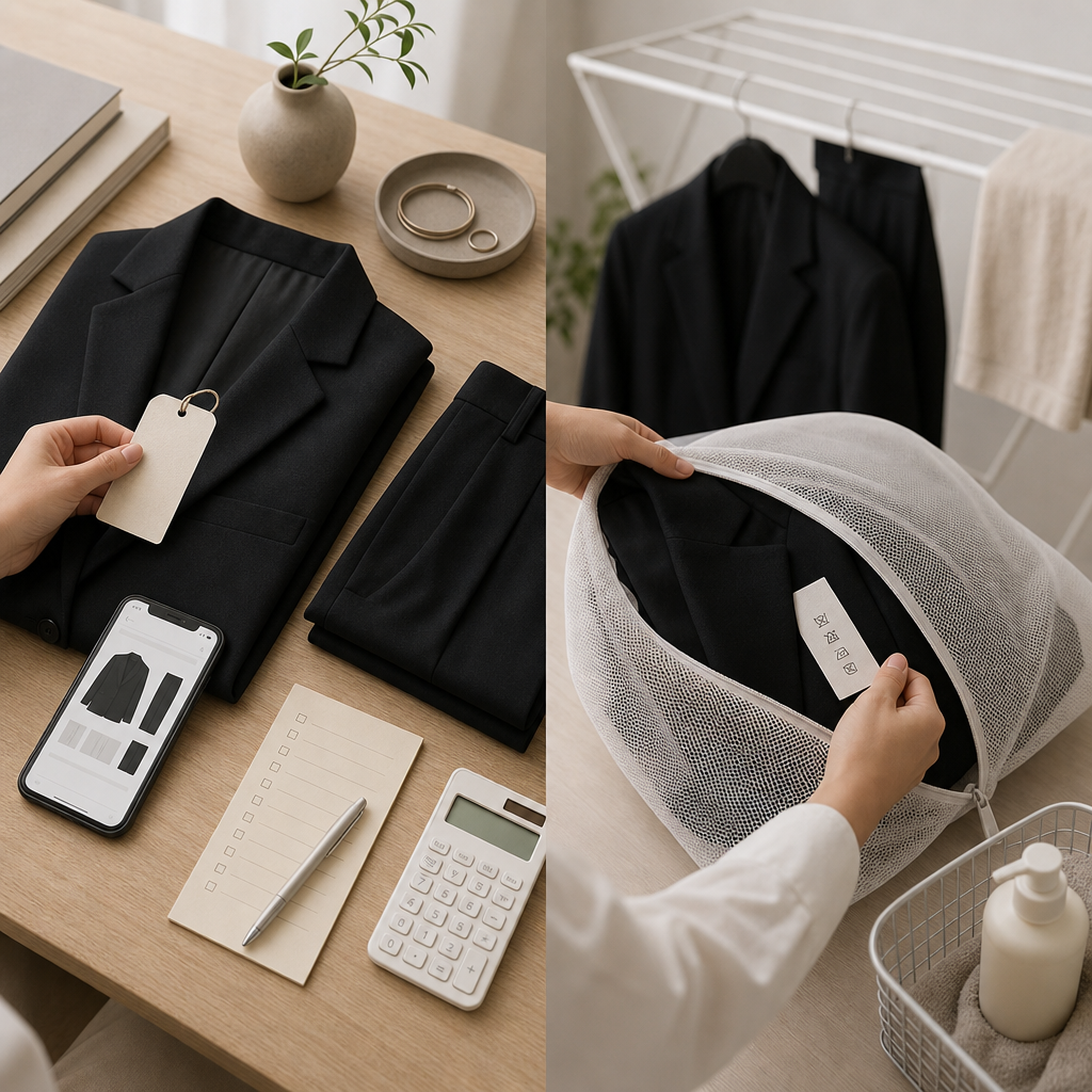洋服の洗濯表示を確認する男性