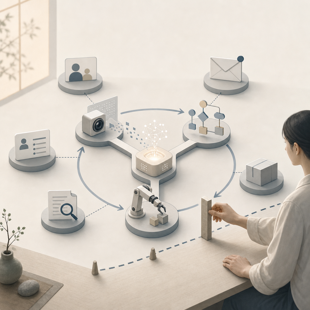 業務システムと連携するAIエージェントの概念図