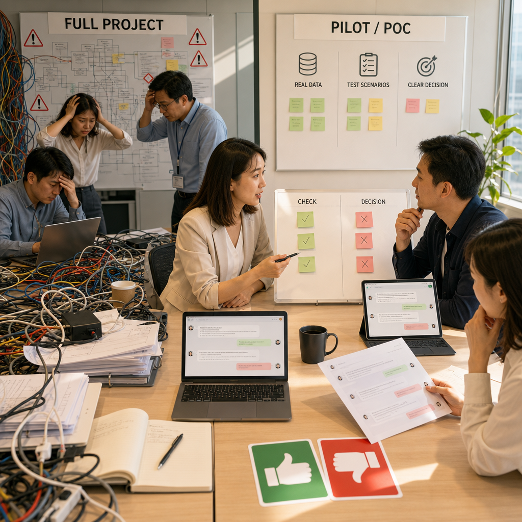 企業團隊在白板前規劃 AI Agent PoC 驗證指標