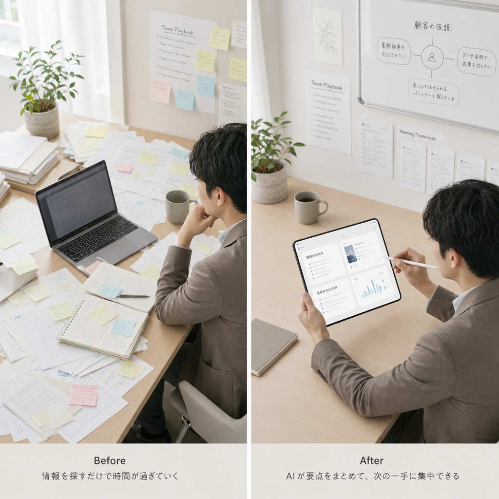 営業担当者がAIの提案を確認しながら顧客と商談する様子