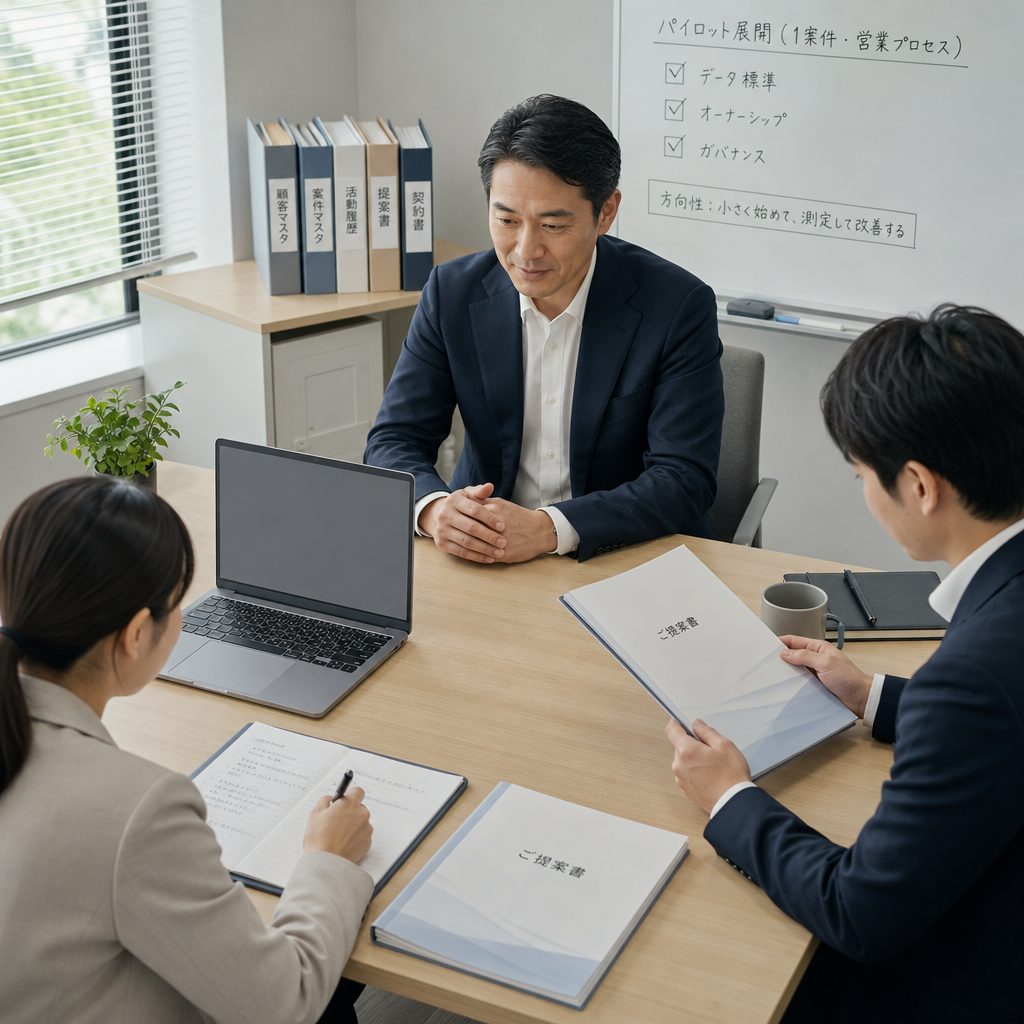 営業責任者とチームがAI導入計画を検討する会議