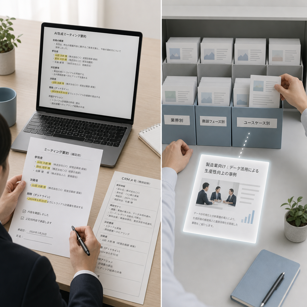 営業資料の推薦と商談要約を表示するAI営業支援画面
