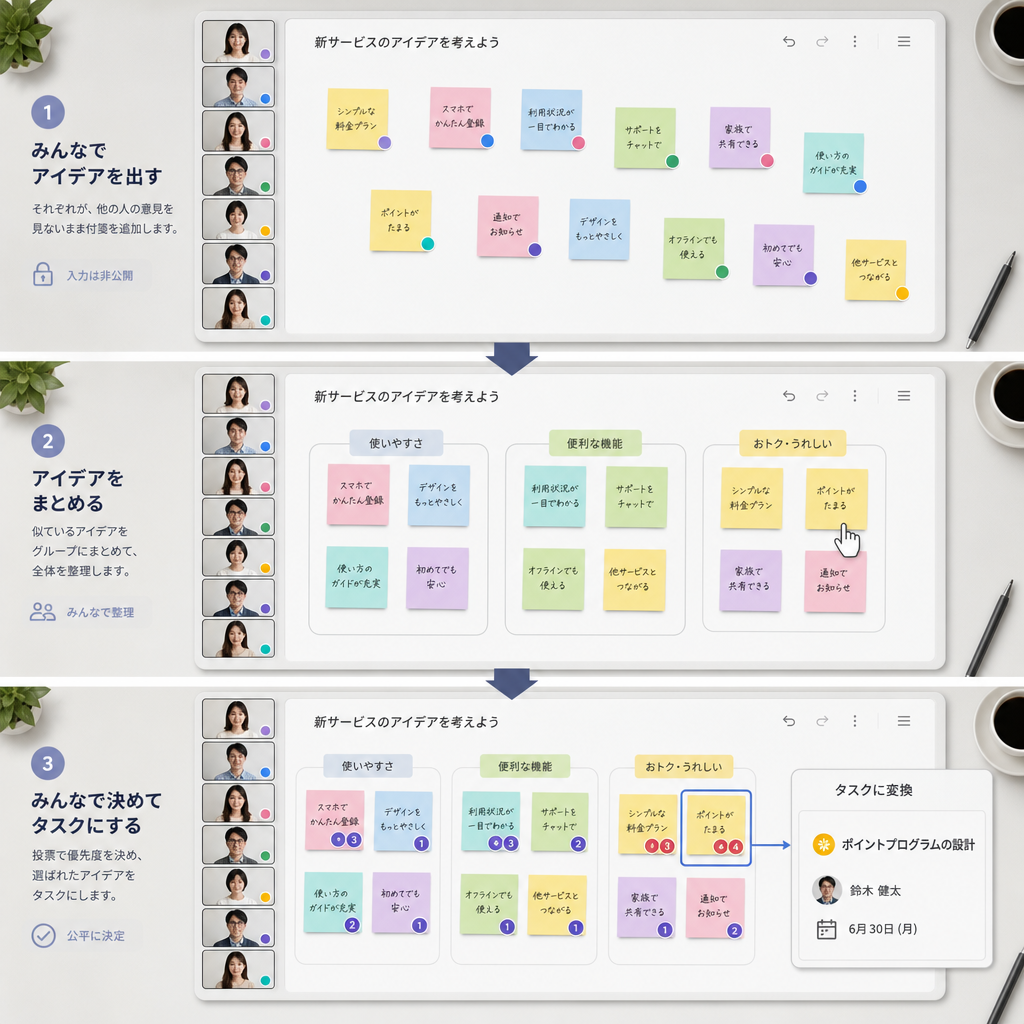 色分けしたオンライン付箋を分類しているワークショップ画面