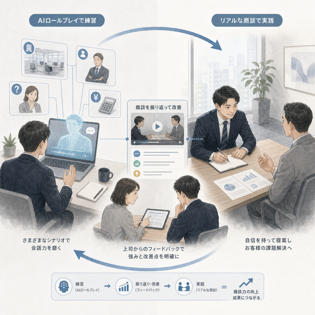 AIアバターと営業ロールプレイを行う担当者
