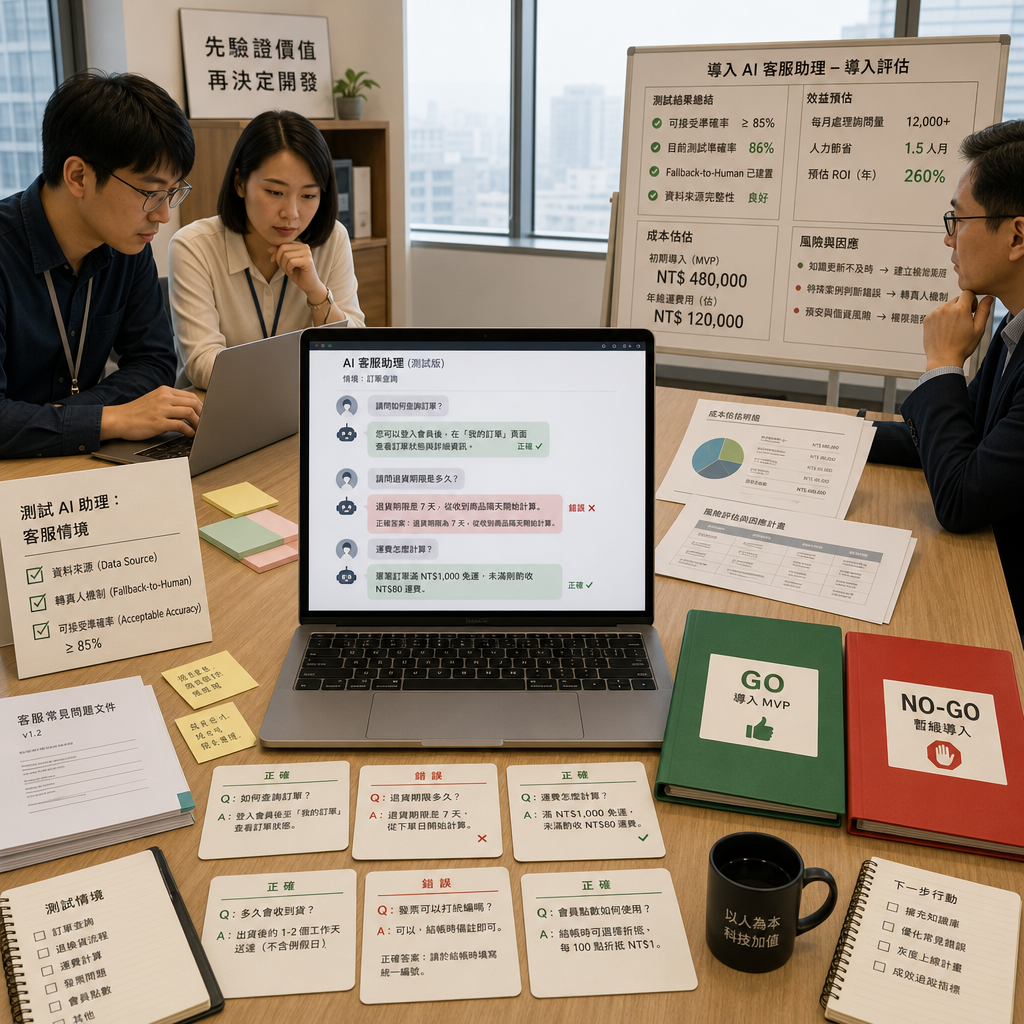 團隊透過白板討論人工智慧概念驗證與商業目標