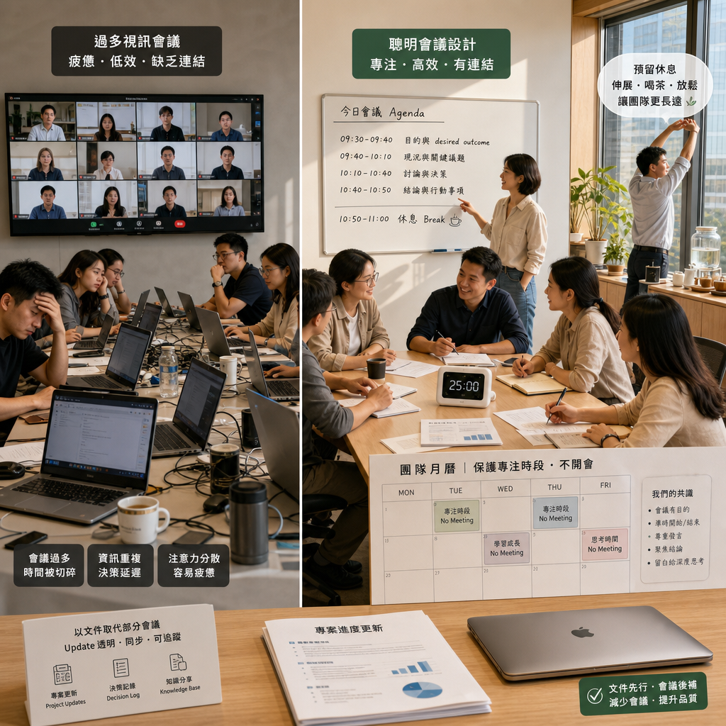 團隊在筆電前依照議程進行短時間線上會議