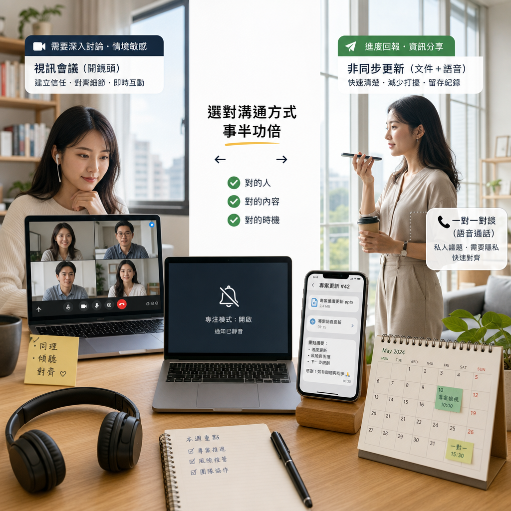 比較視訊會議、電話與非同步文字協作方式