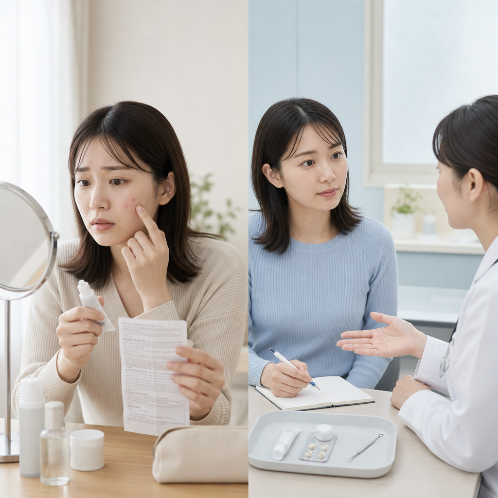皮膚科医にニキビ治療を相談する患者