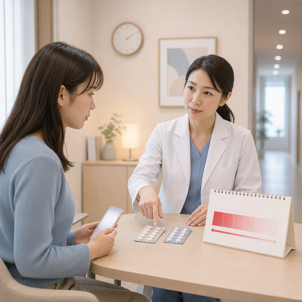 産婦人科で緊急避妊について医師に相談する女性