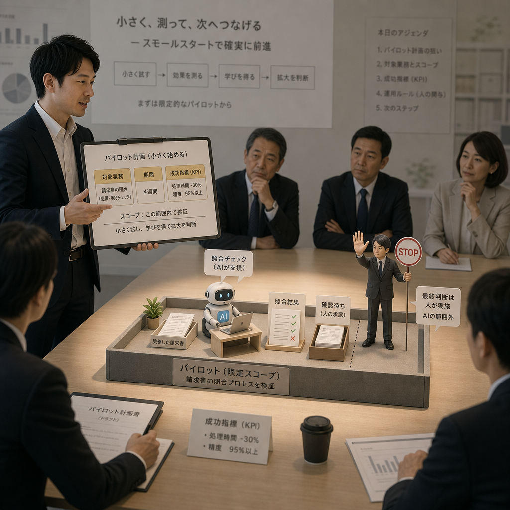 AI導入の実証結果を経営会議で説明する担当者