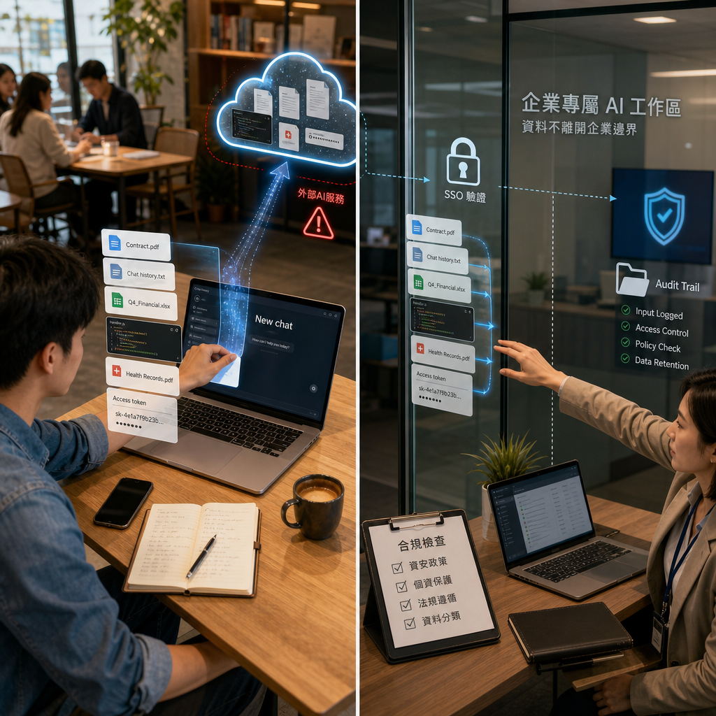 資料外洩與人工智慧風險的企業資安概念圖