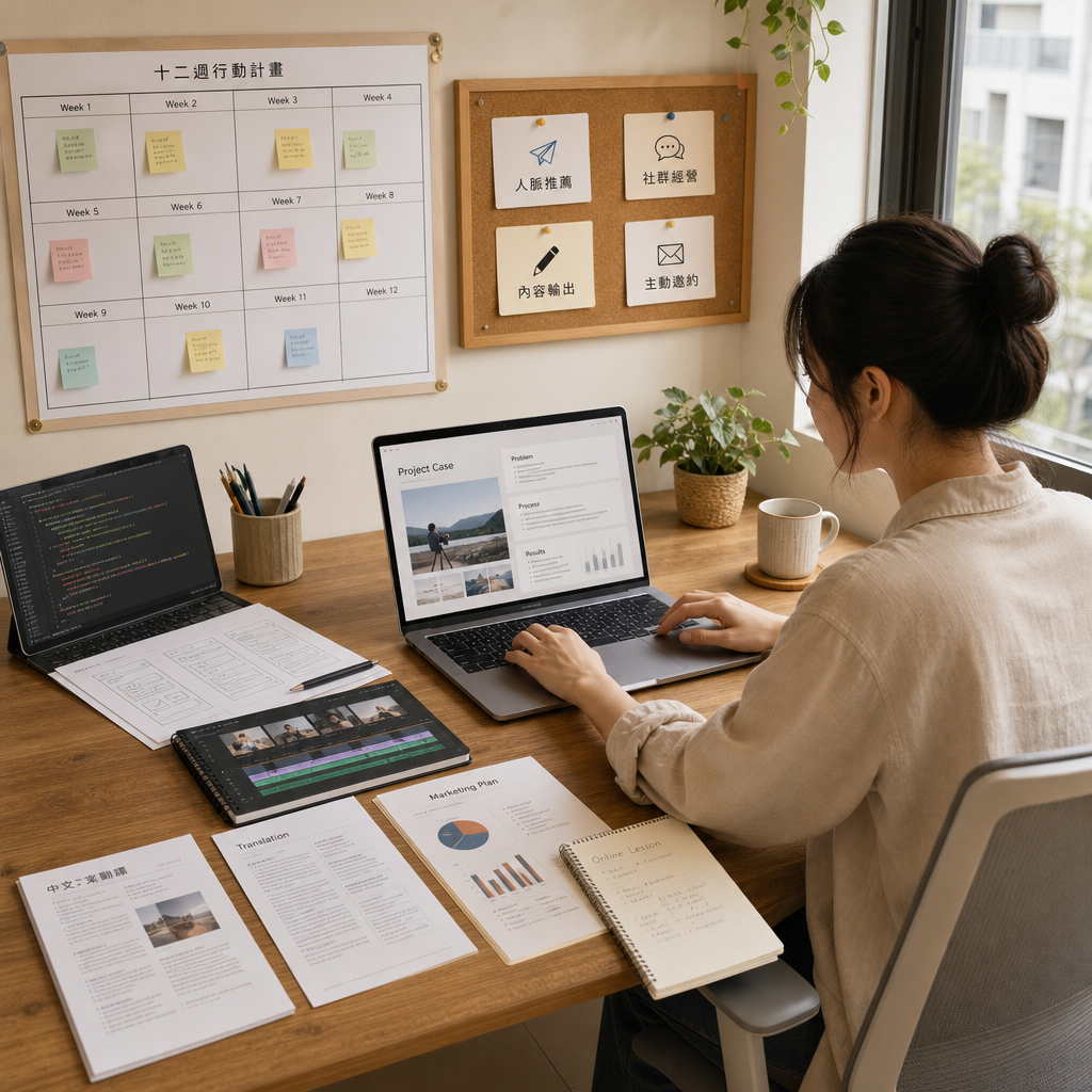 Remote professional building a portfolio and reviewing freelance projects
