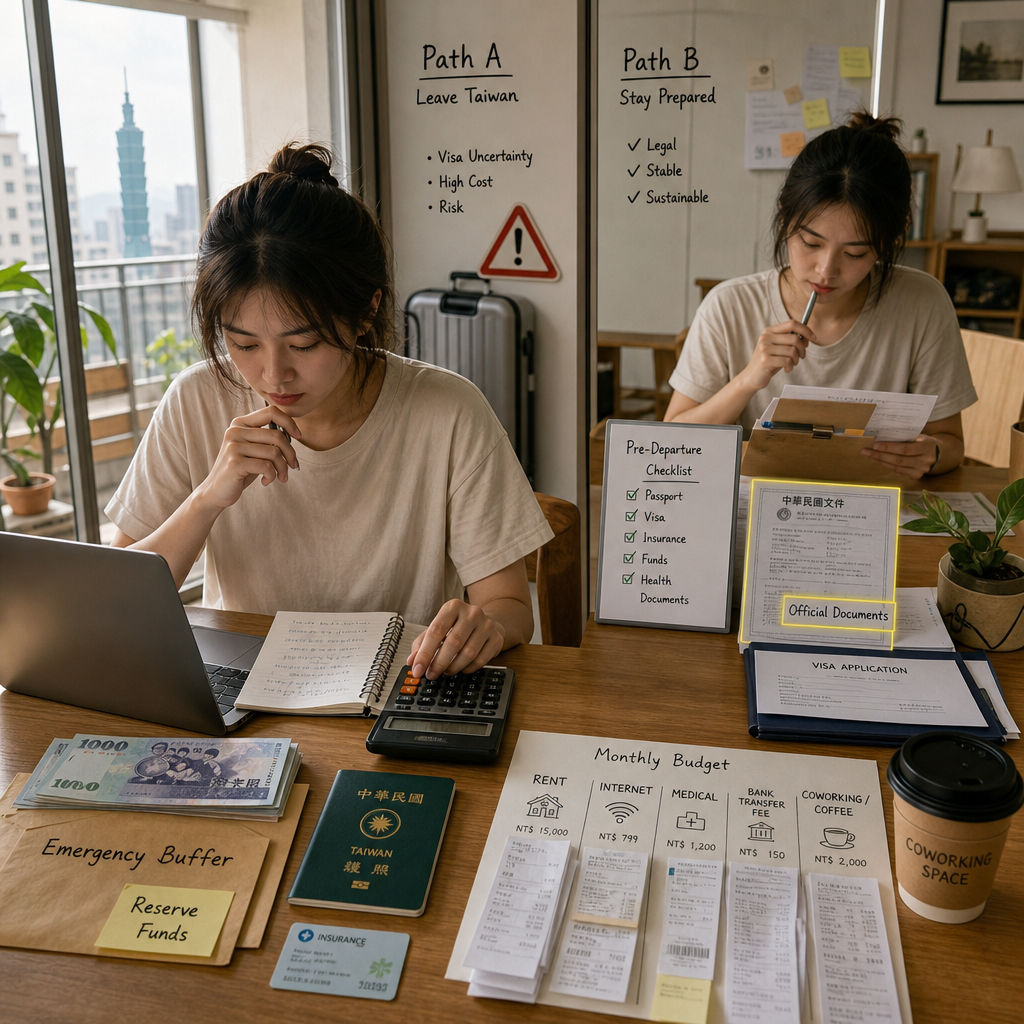 Traveler reviewing budget, insurance documents and passport at desk