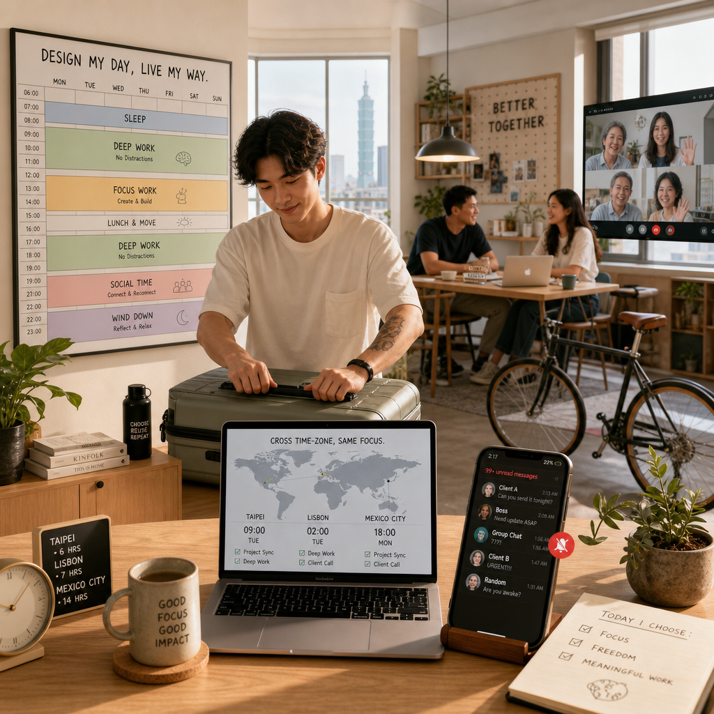 Remote worker balancing wellness routine and online team meeting