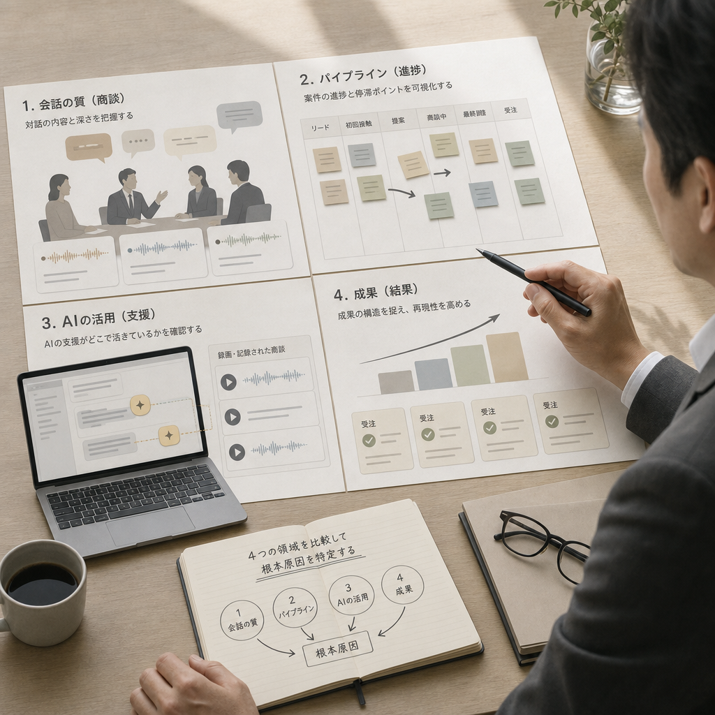 営業会話と案件データを確認する営業マネージャー