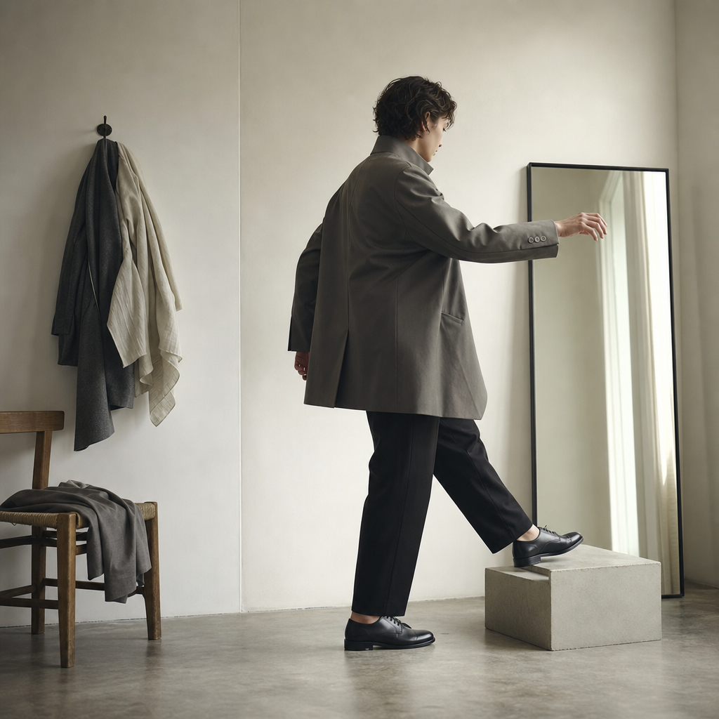 鏡の前でジャケットの動きや姿勢を確かめる人物