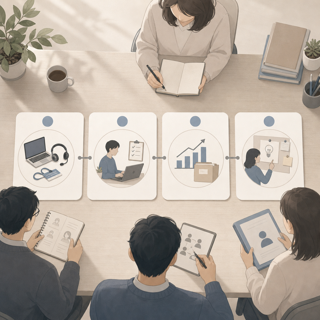 オンラインで新入社員のオンボーディング計画を確認するチーム