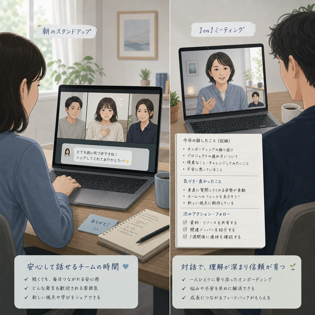バーチャルオフィスで朝会と個別対話を行うリモートチーム