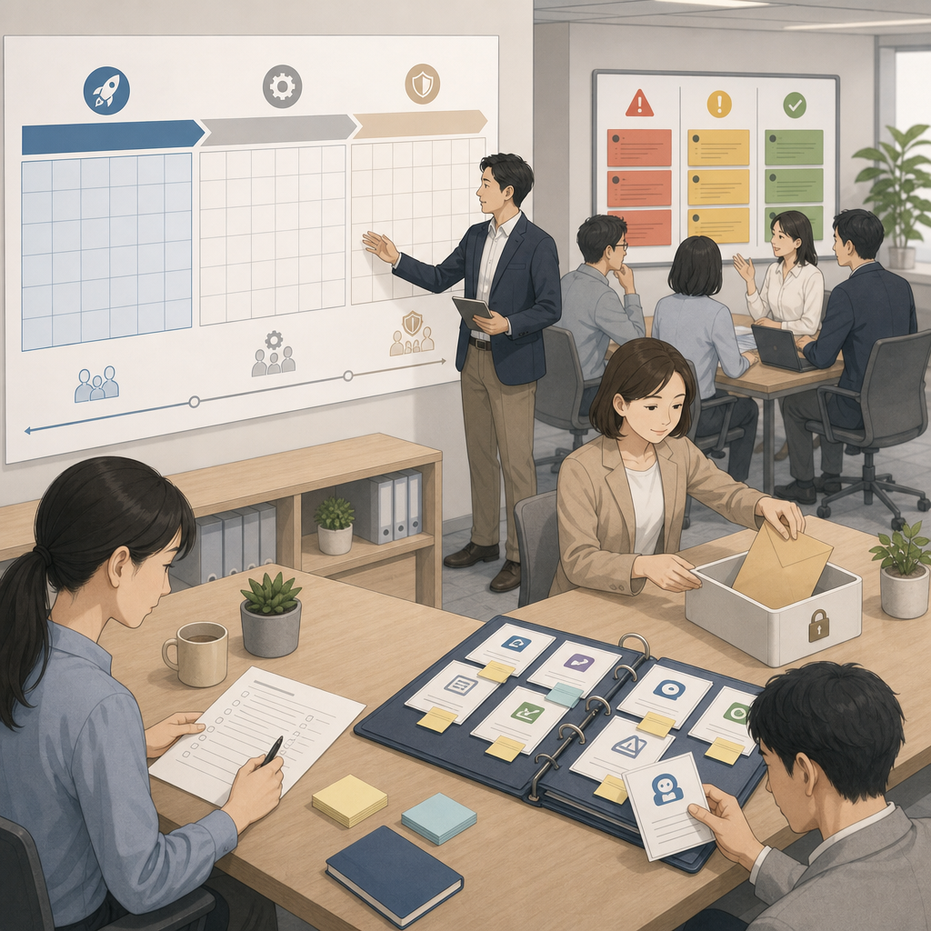 AIコンプライアンスの90日導入計画を話し合うチーム