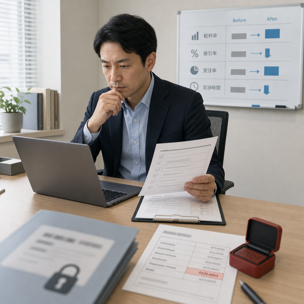 営業チームがAI利用ルールとKPIダッシュボードを確認する様子
