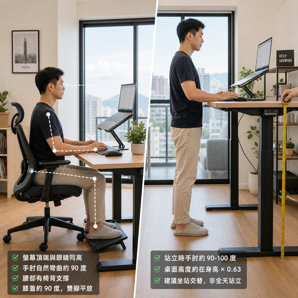 人體工學椅與升降桌的正確坐姿示意