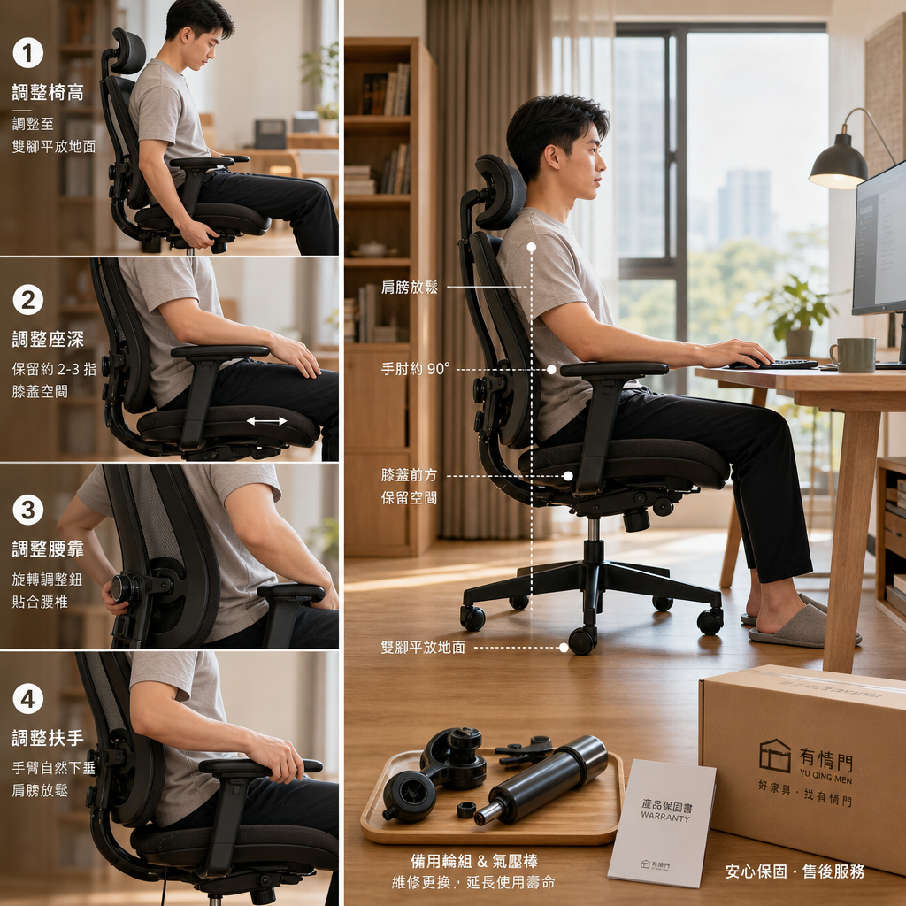 可調整腰靠與扶手的人體工學辦公椅