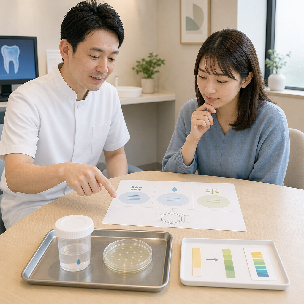 唾液検査結果のレーダーチャートを説明する歯科医師