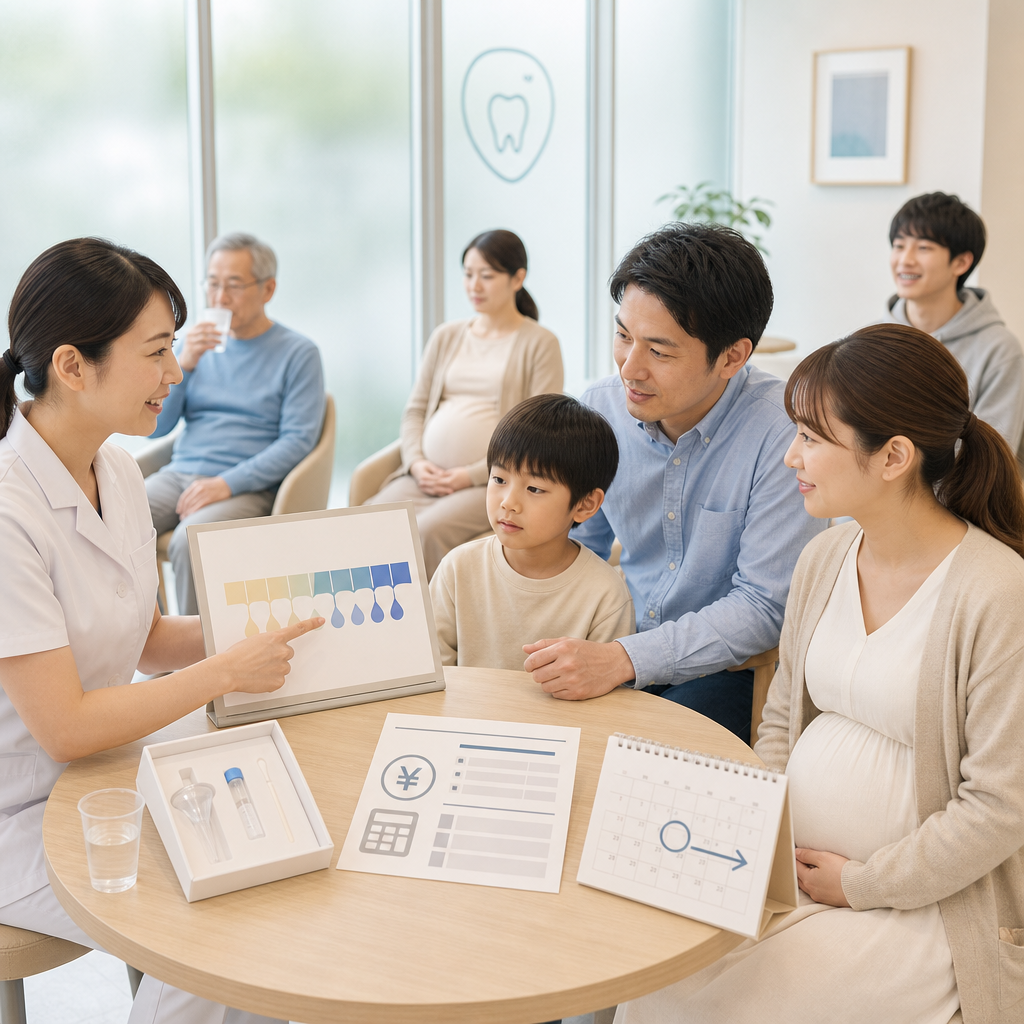 歯科医師に唾液検査の費用と受診計画を相談する患者