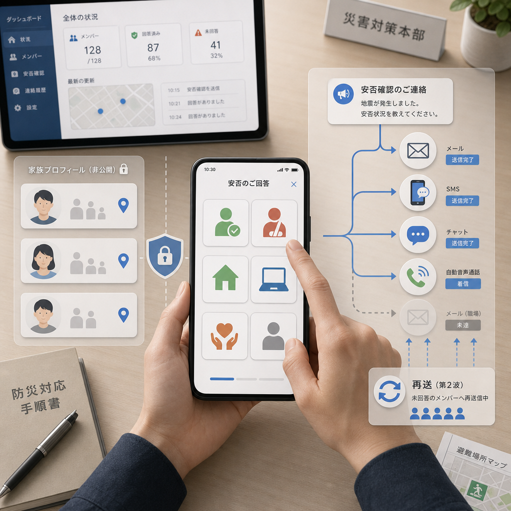 スマートフォンで安否確認フォームに回答する従業員