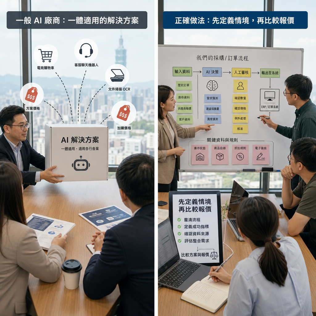 團隊討論人工智慧專案需求與報價範圍