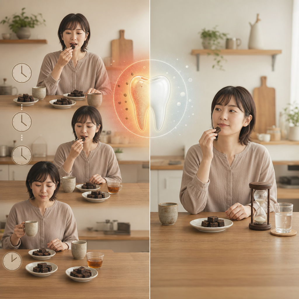 食べる回数と口腔ケアについて考える女性