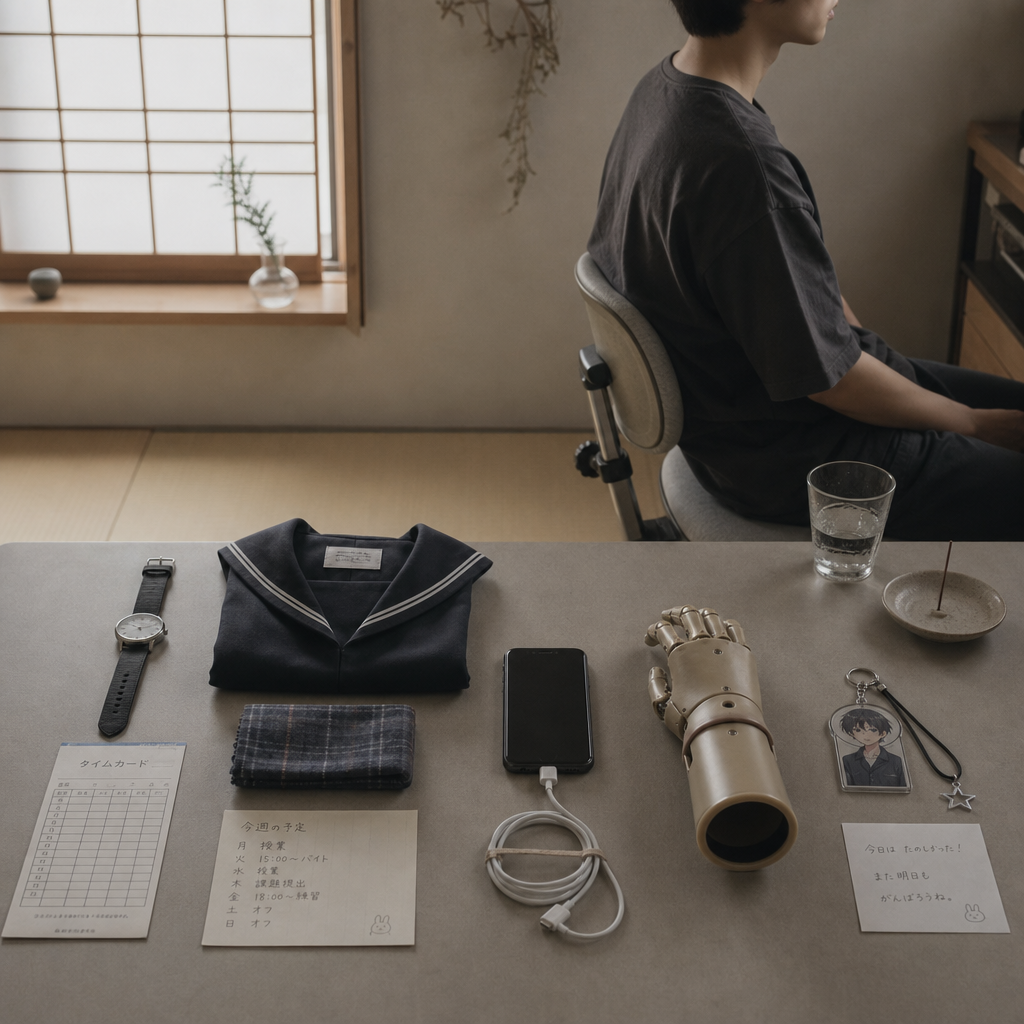 古いカメラとスマートフォンを机上に置き、物への愛着を表す場面