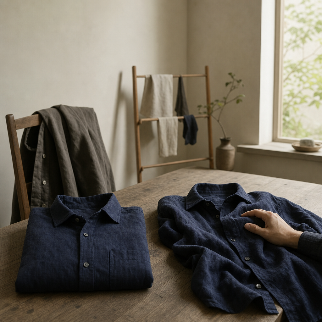 布地に触れながら衣服の感覚を確かめる人物の手元