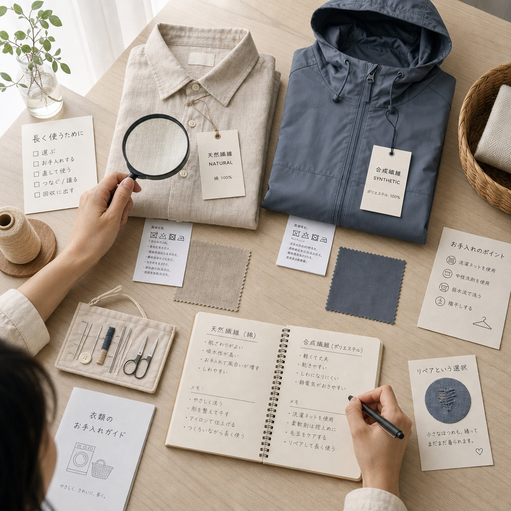 衣服の品質表示と生地見本を確認する買い物客