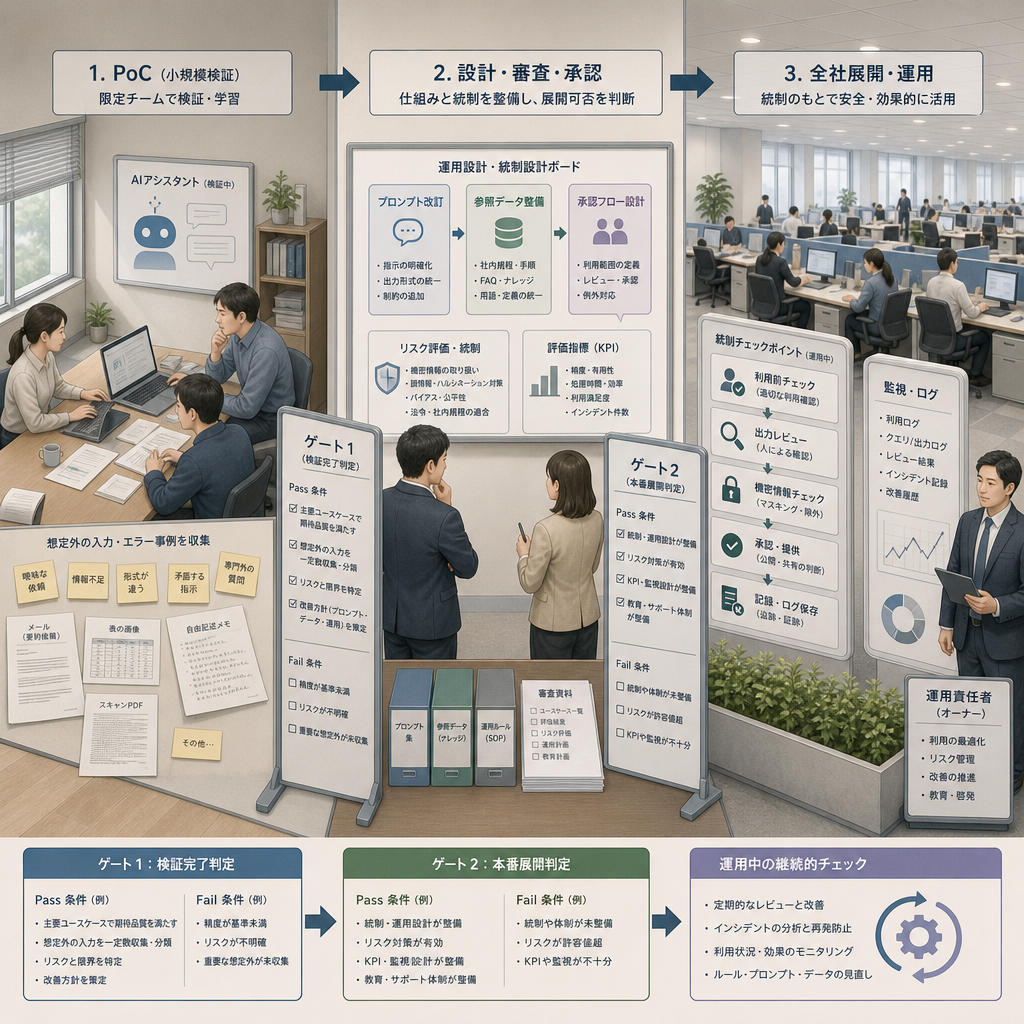生成AIの社内展開における担当者と承認フローの図