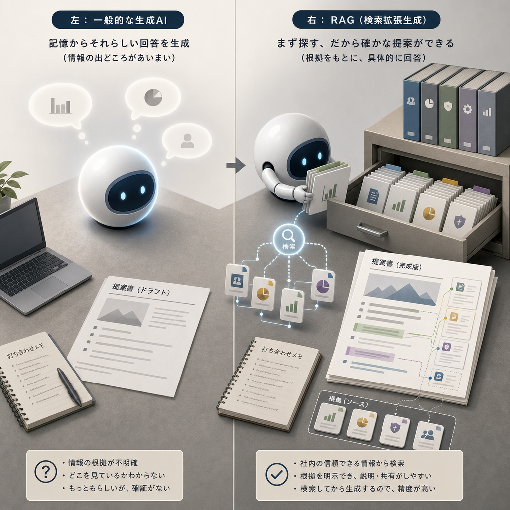 営業担当者がAI検索で提案資料を確認する様子