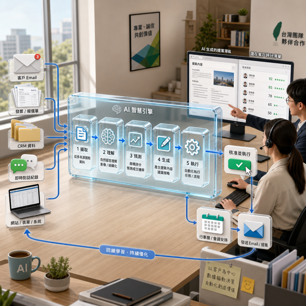 企業團隊檢視 AI 工作流程與資料儀表板